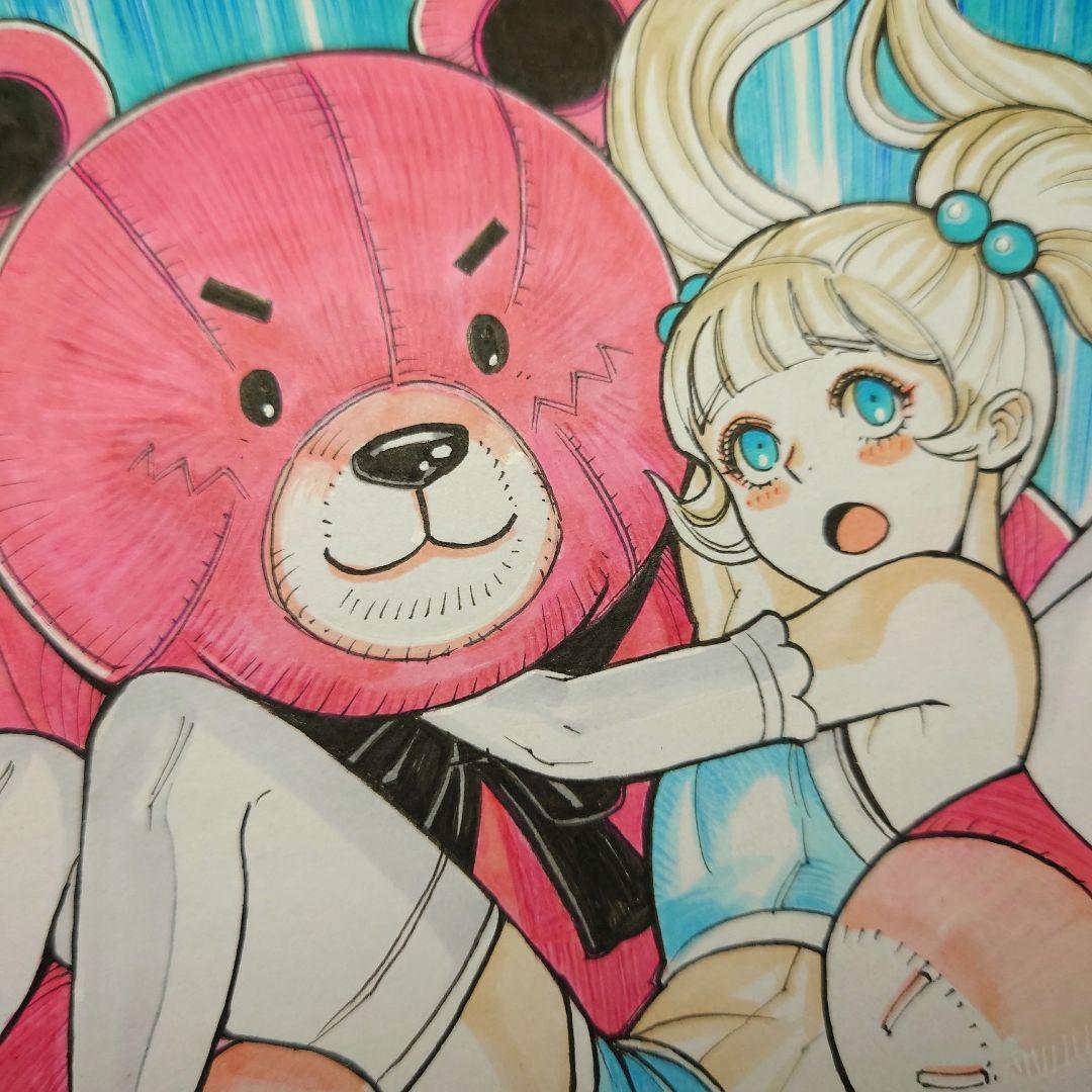 【手描きイラスト 103】オリジナル原画中サイズ色紙「私の王子ピンクのくまさん」