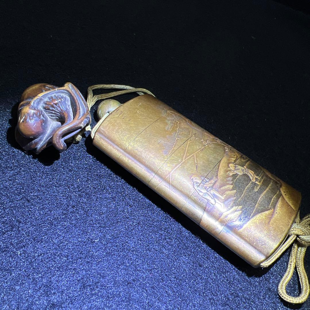 江戸時代 極上蒔絵山水人物画五段印籠、木彫根付 木箱付 東Y8-0128☆2F