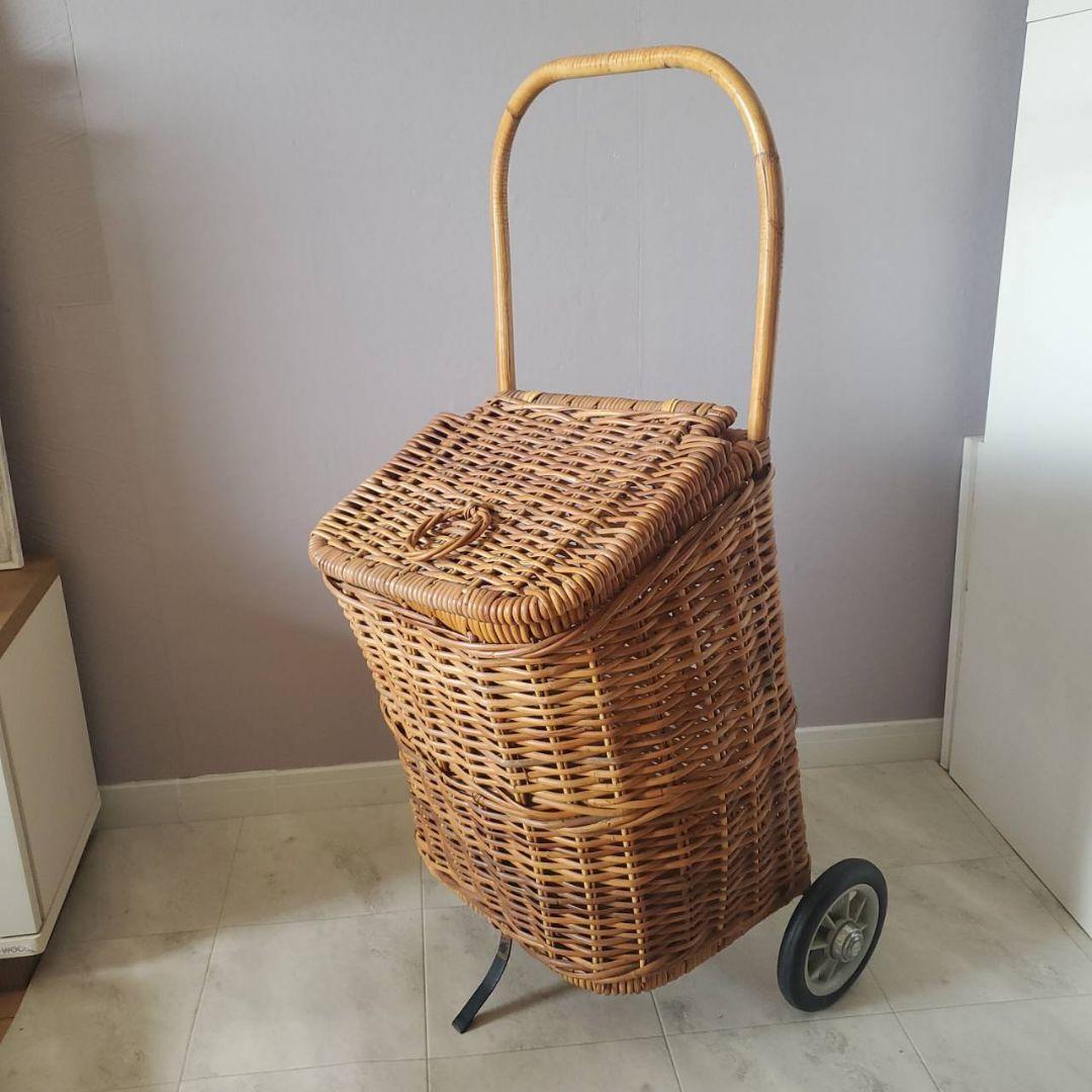 アンティーク ラタン 籐 キャリーバスケット キャリーバッグ カート 希少