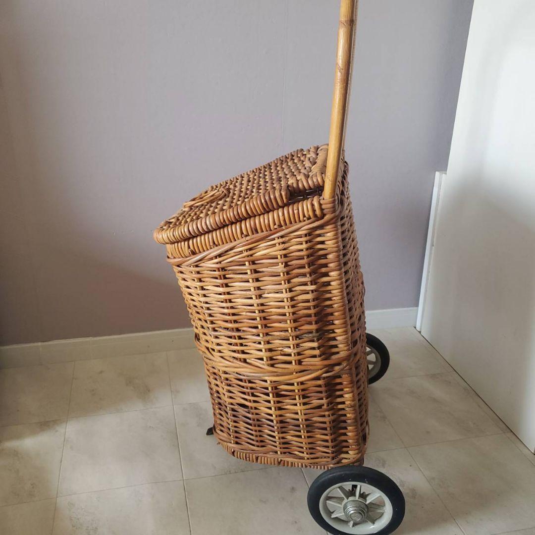 アンティーク ラタン 籐 キャリーバスケット キャリーバッグ カート 希少