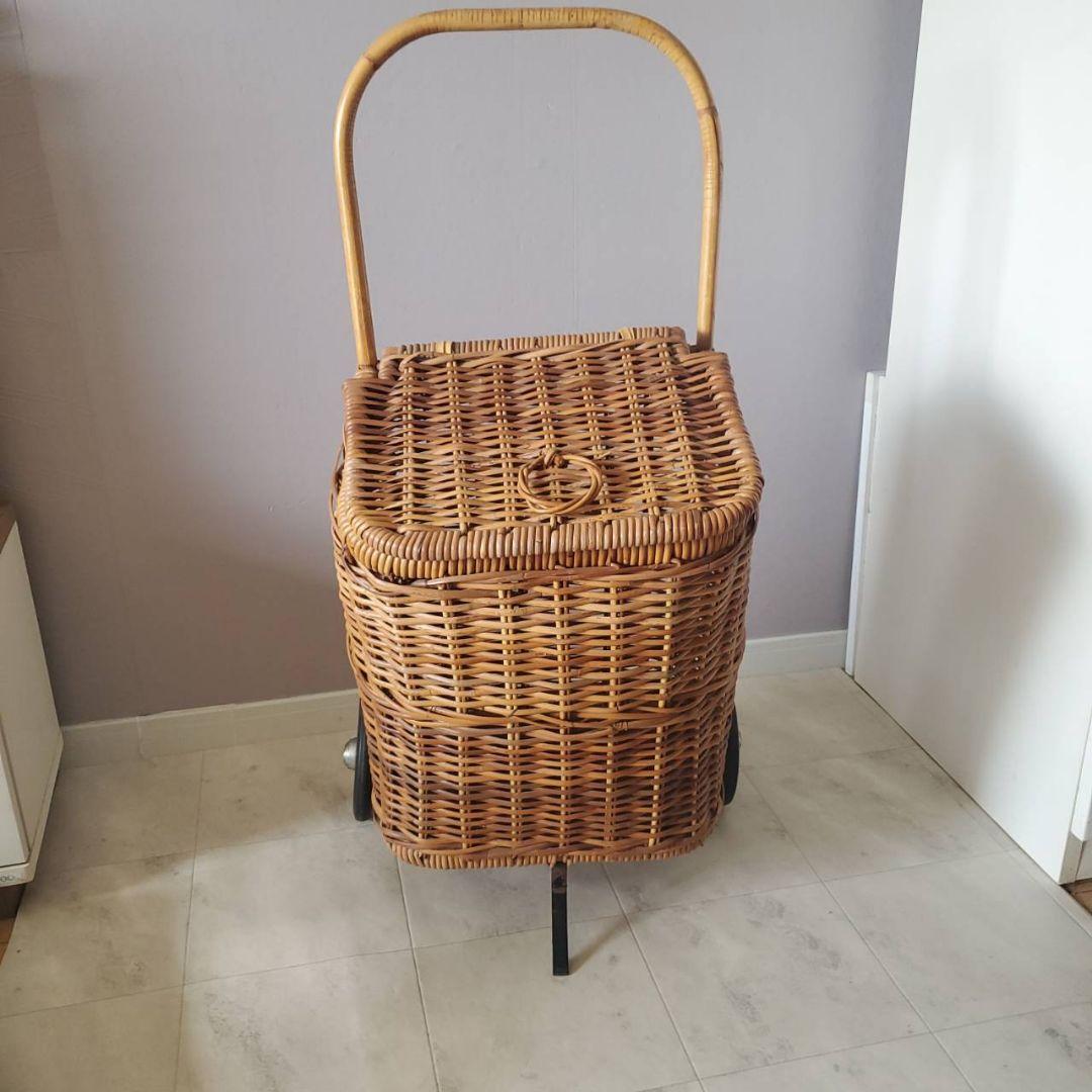 アンティーク ラタン 籐 キャリーバスケット キャリーバッグ カート 希少