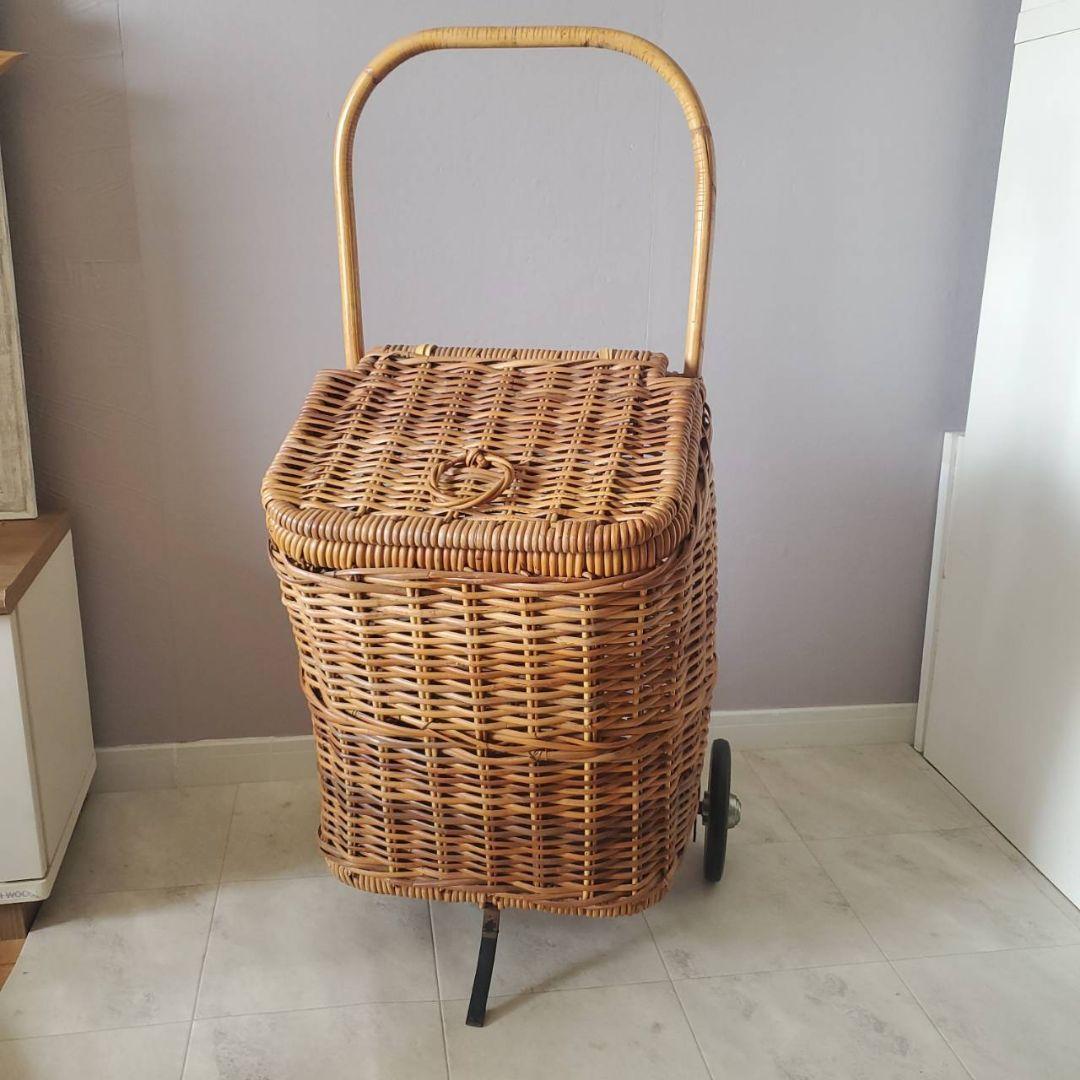 アンティーク ラタン 籐 キャリーバスケット キャリーバッグ カート 希少