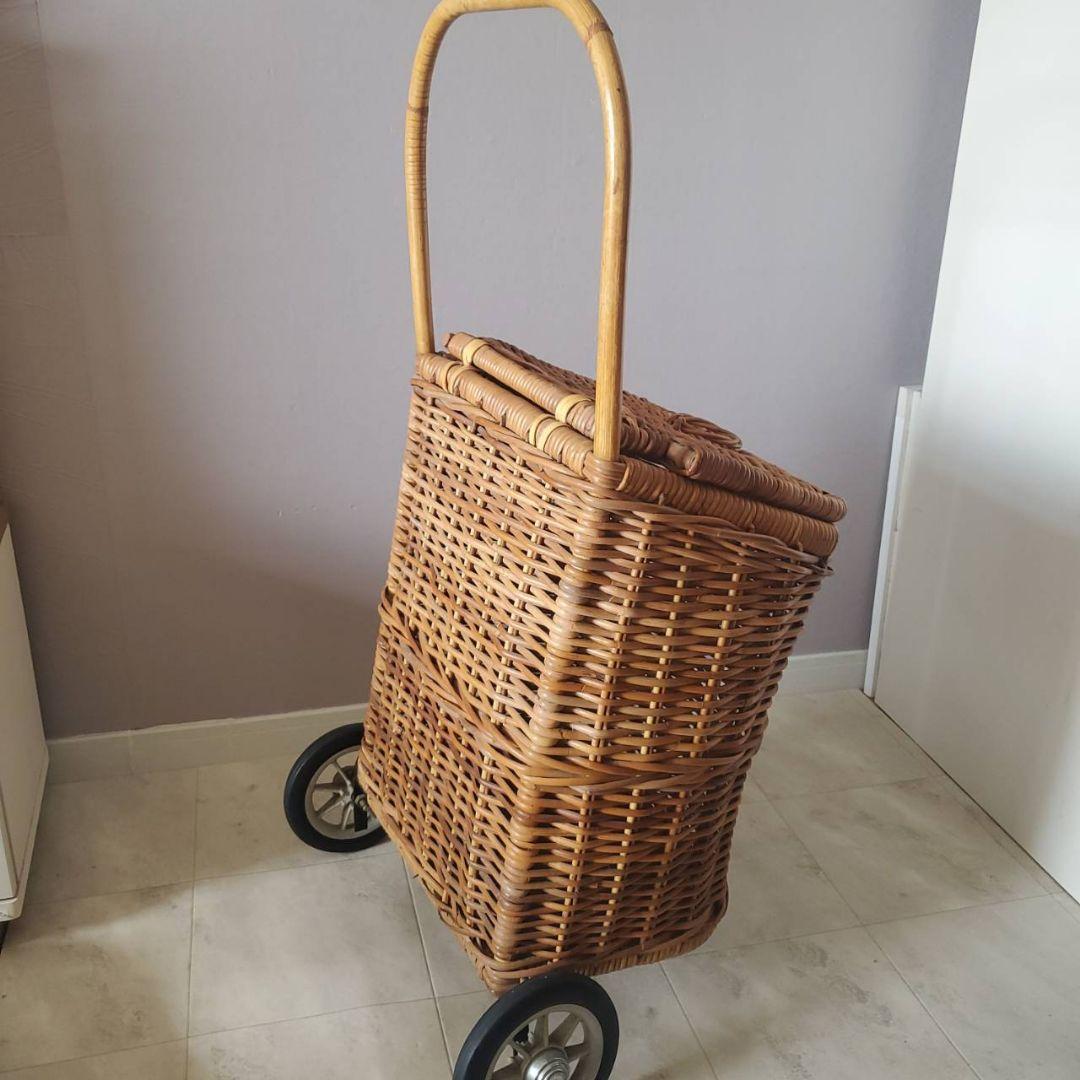 アンティーク ラタン 籐 キャリーバスケット キャリーバッグ カート 希少