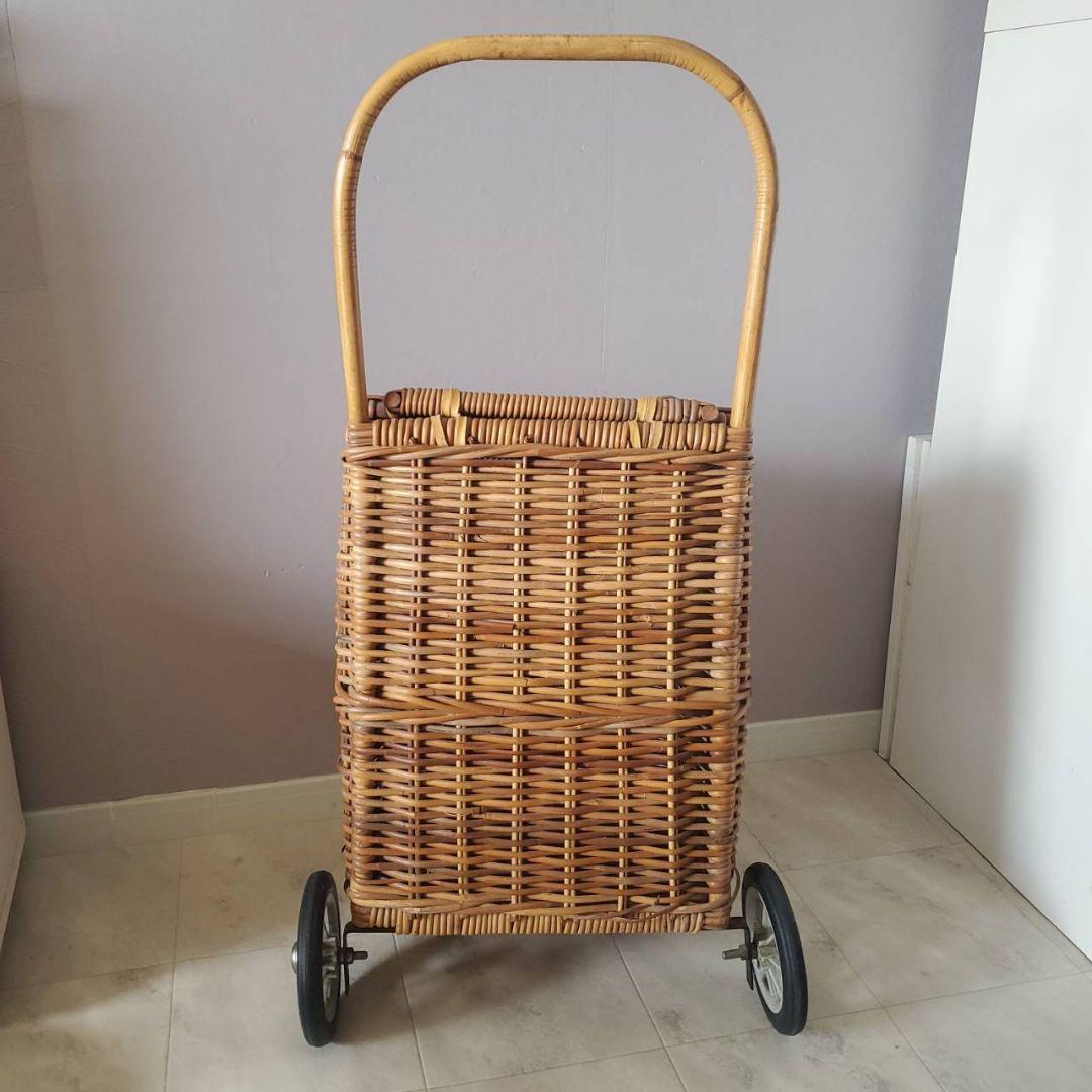 アンティーク ラタン 籐 キャリーバスケット キャリーバッグ カート 希少