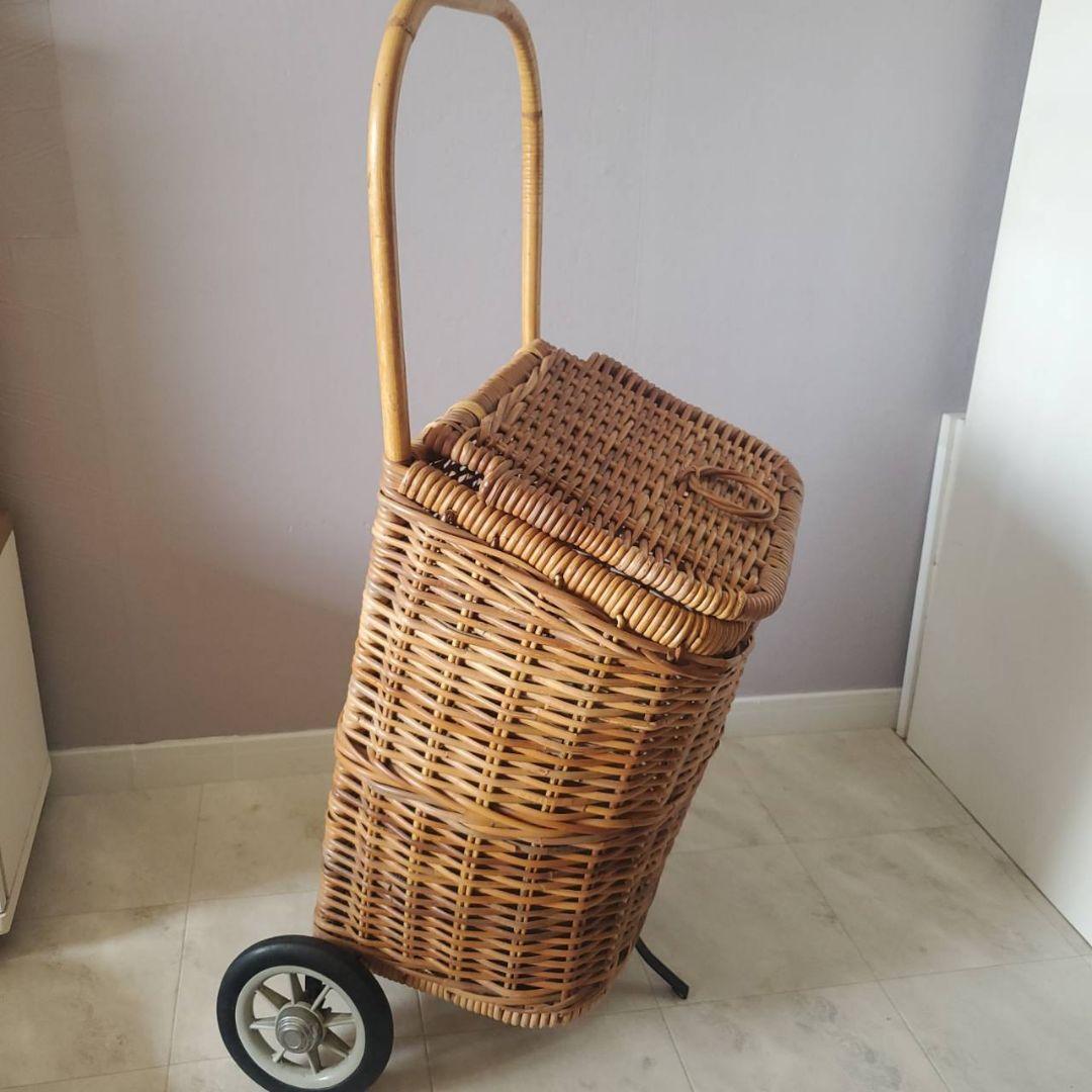 アンティーク ラタン 籐 キャリーバスケット キャリーバッグ カート 希少