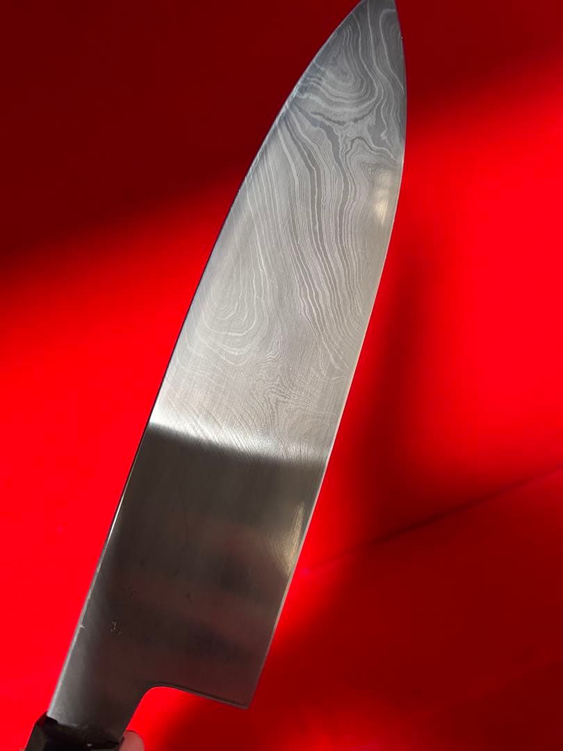 01483 包丁　重啓作　牛刀　墨流し　折り返し鍛錬　スウェーデン鋼　未使用品