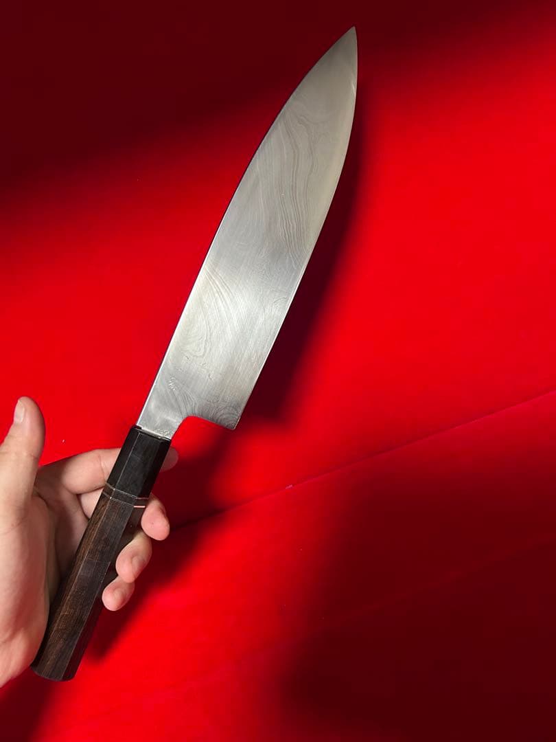01483 包丁　重啓作　牛刀　墨流し　折り返し鍛錬　スウェーデン鋼　未使用品