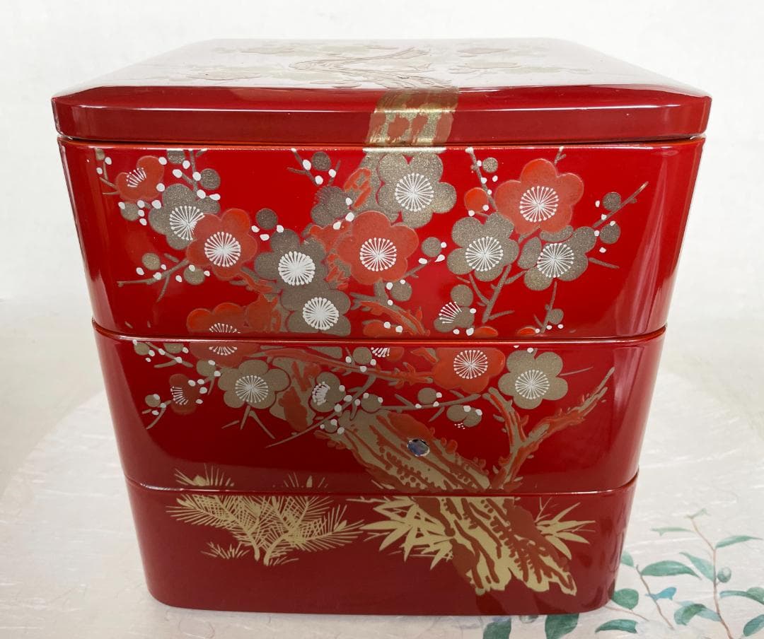 重箱 おせち 朱塗松竹梅蒔絵螺鈿入内黒 6.5寸 19.5cm 正月 弁当箱
