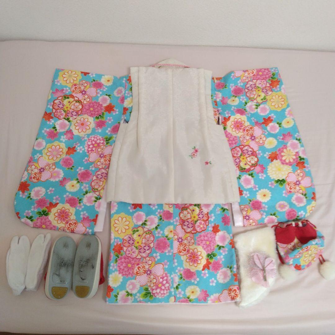 七五三8点①花刺繍被布着②着物③花刺繍襟長襦袢④髪飾り⑤ファー⑥足袋⑦草履⑧巾着