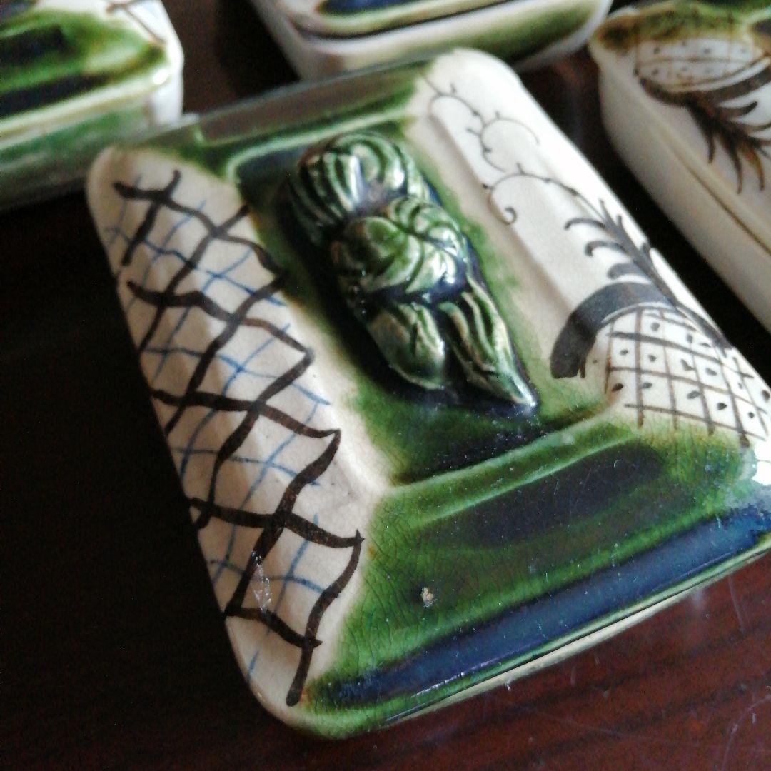 京焼　織部蓋付四方鉢　5客　14.5cm　幕末〜大正期