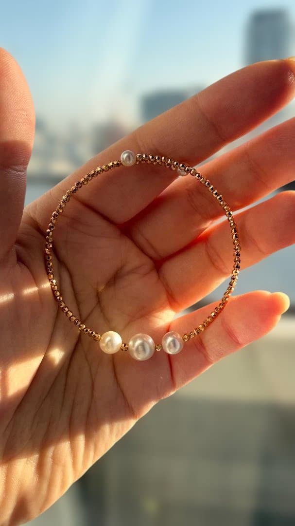 極上あこや真珠✨5粒パール バングル S925/18KGP 形状記憶 華奢見え