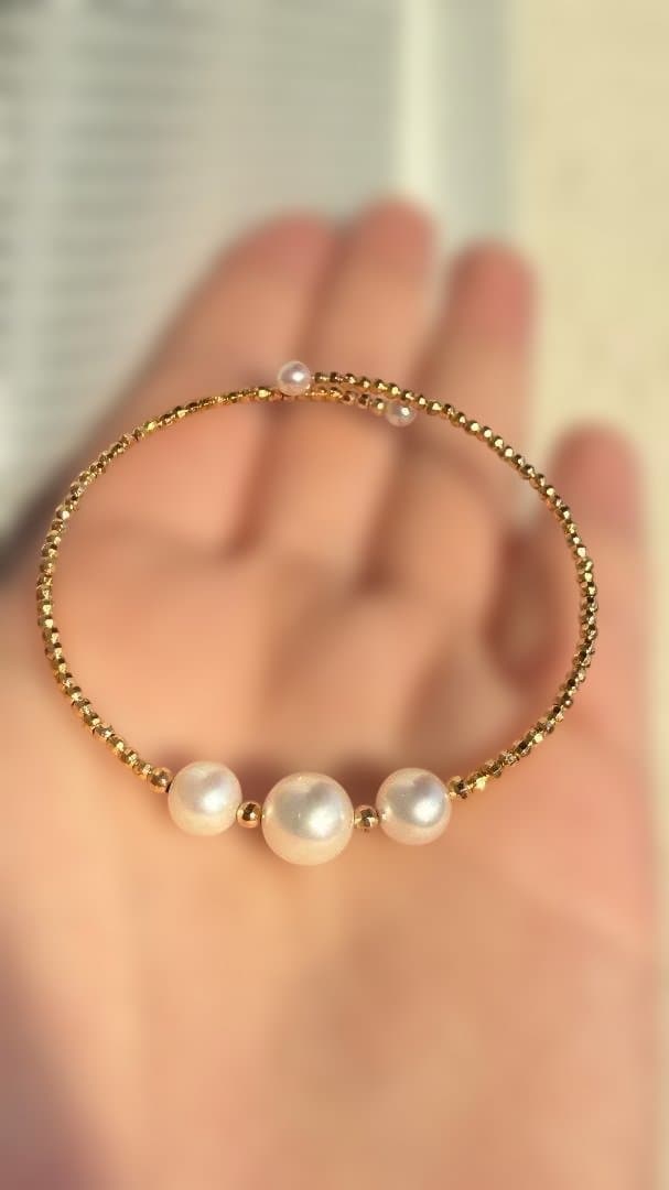 極上あこや真珠✨5粒パール バングル S925/18KGP 形状記憶 華奢見え