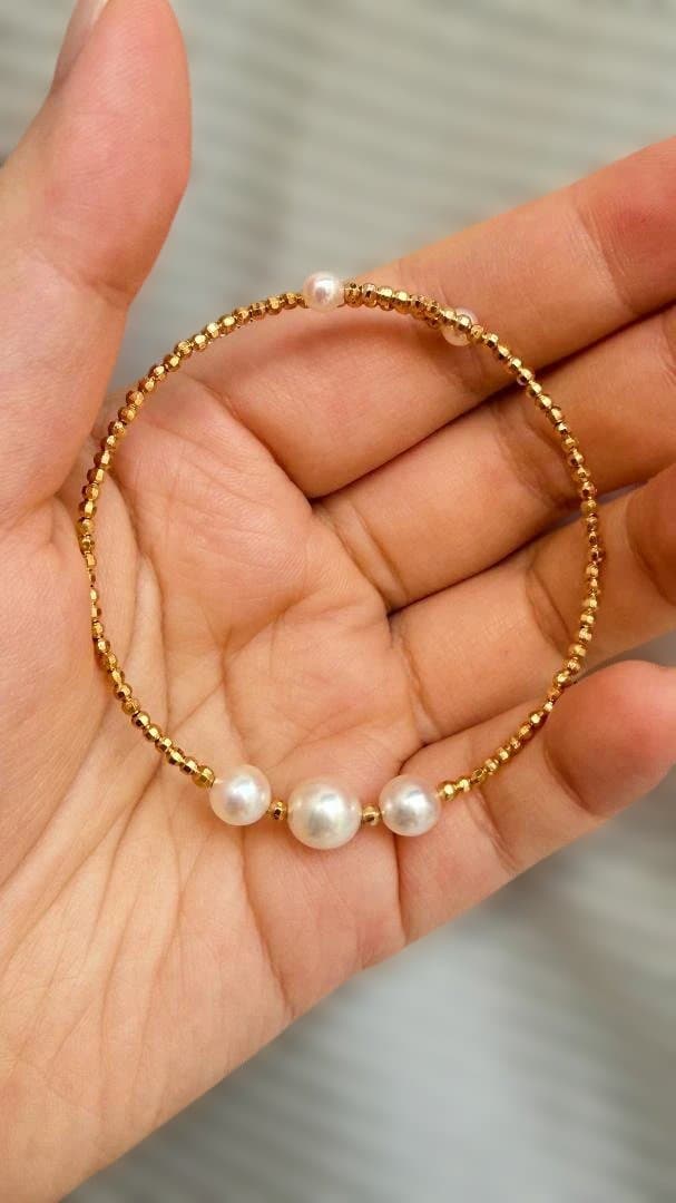 極上あこや真珠✨5粒パール バングル S925/18KGP 形状記憶 華奢見え