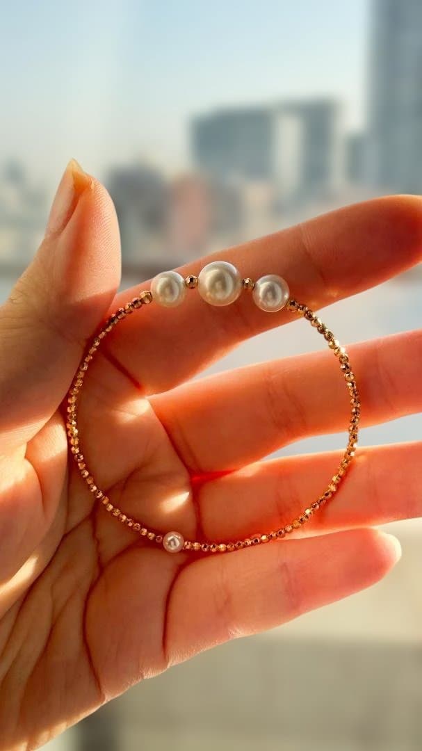 極上あこや真珠✨5粒パール バングル S925/18KGP 形状記憶 華奢見え