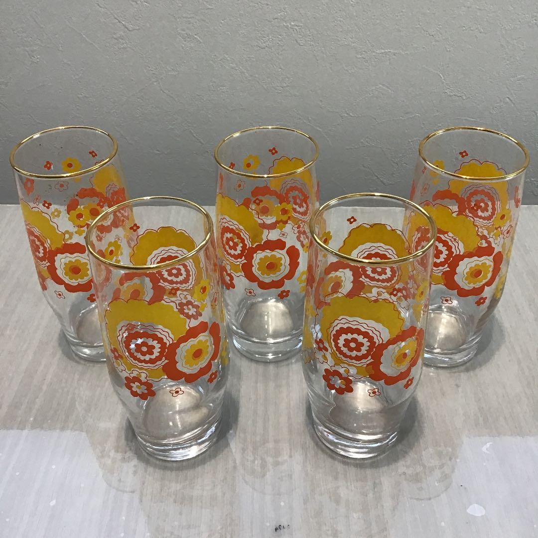 昭和レトロ 昔懐かしいかわいい花柄グラス5個セット✨レア未使用