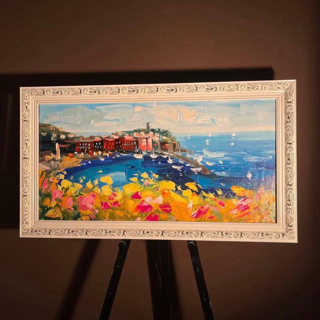手書き油絵 地中海の風景 額付 肉筆絵画 インテリア 油彩画