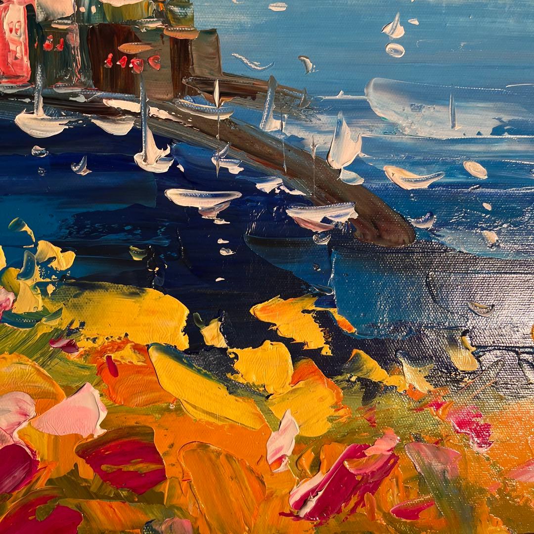 手書き油絵 地中海の風景 額付 肉筆絵画 インテリア 油彩画