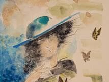 【真作】絵画　関口将夫　水彩（色紙）　青い帽子の女性と蝶　Y175