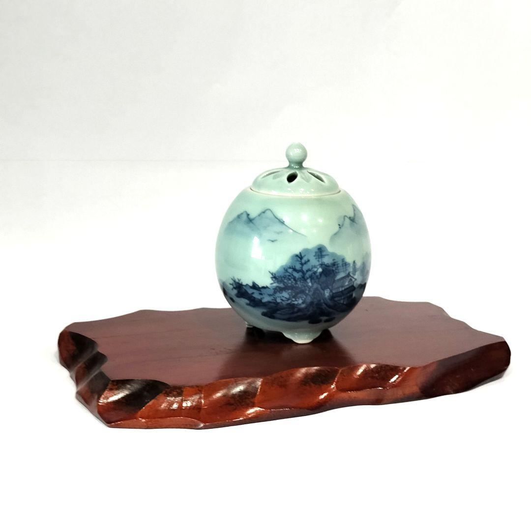 ❤【新品・未使用】鍋島焼 大秀作 青磁山水 香炉 茶道具 日本製 木箱