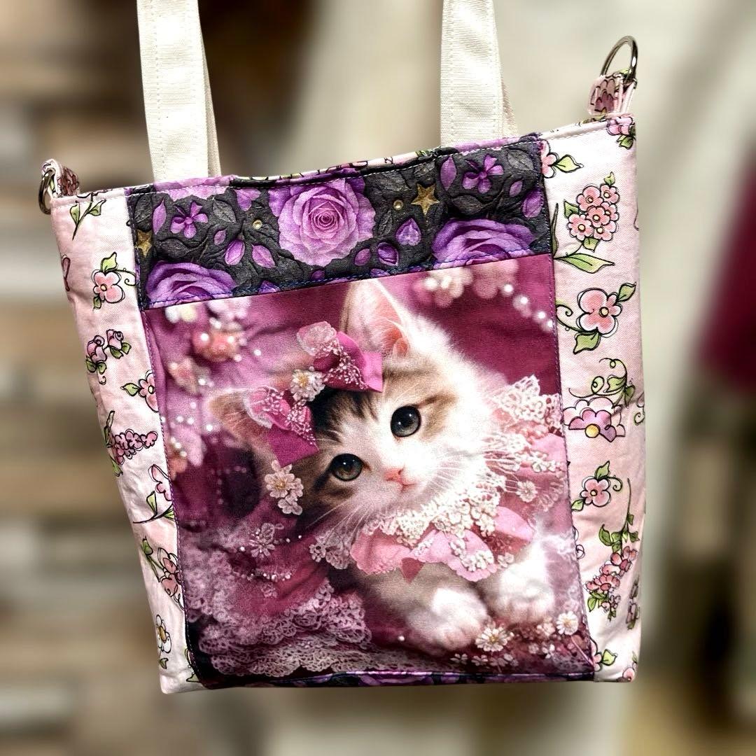 可愛い子猫ちゃん＆ロラライハリスピンクお花柄ミニトートバッグ Dカン付き
