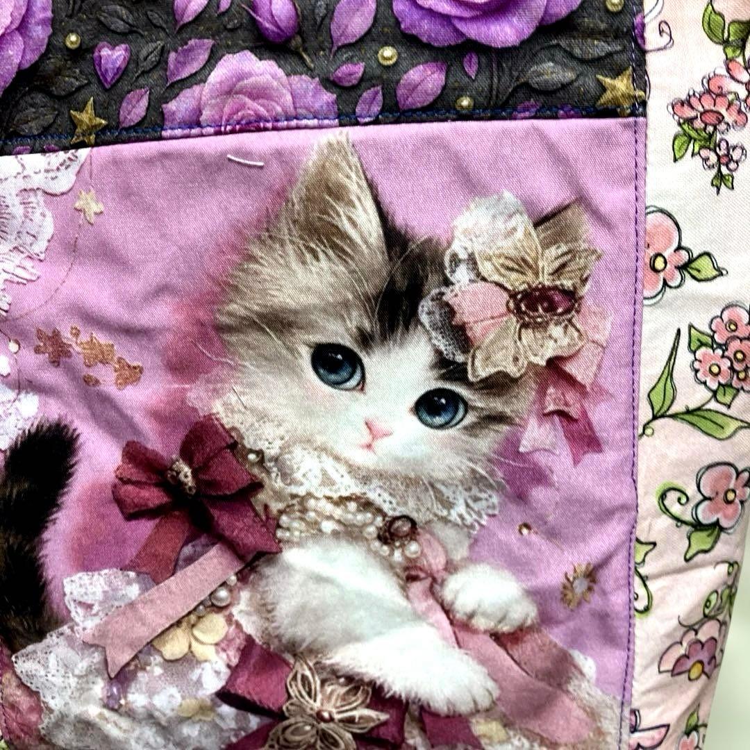 可愛い子猫ちゃん＆ロラライハリスピンクお花柄ミニトートバッグ Dカン付き