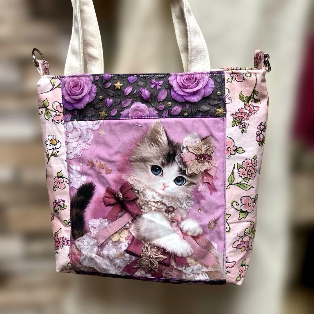 可愛い子猫ちゃん＆ロラライハリスピンクお花柄ミニトートバッグ Dカン付き