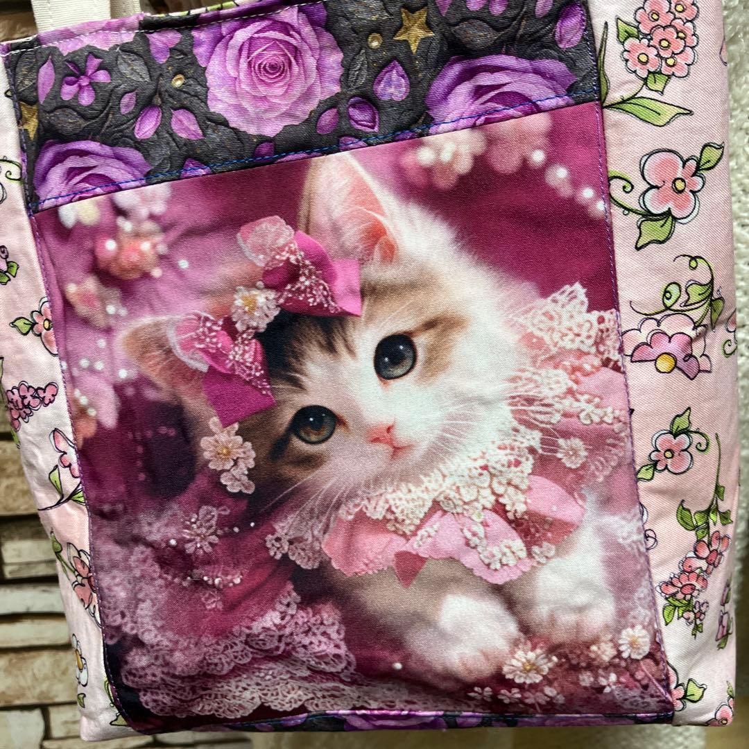 可愛い子猫ちゃん＆ロラライハリスピンクお花柄ミニトートバッグ Dカン付き