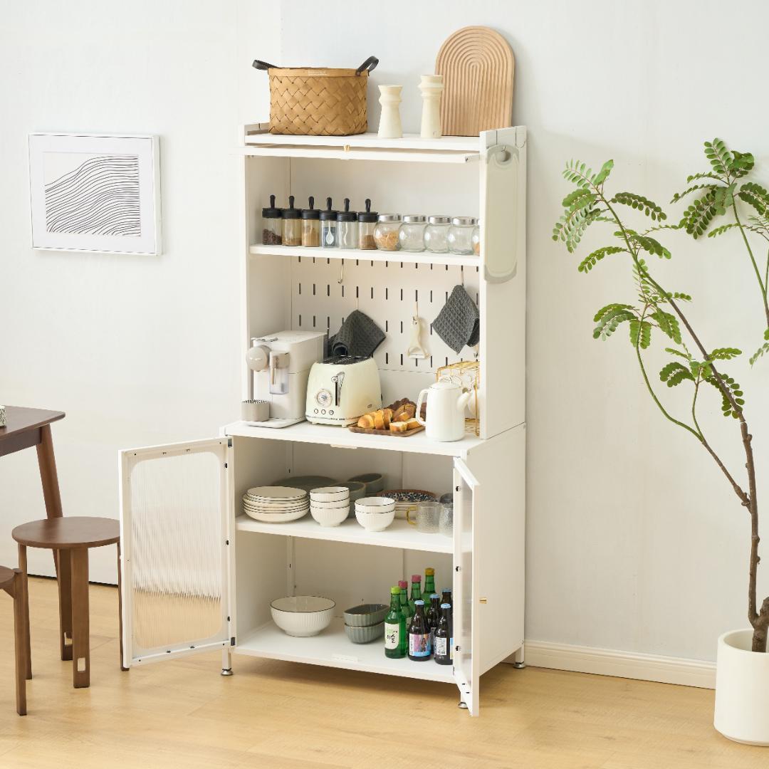 超人気！食器棚 キッチンカウンター スリム キッチン収納 ガラス　幅80CM