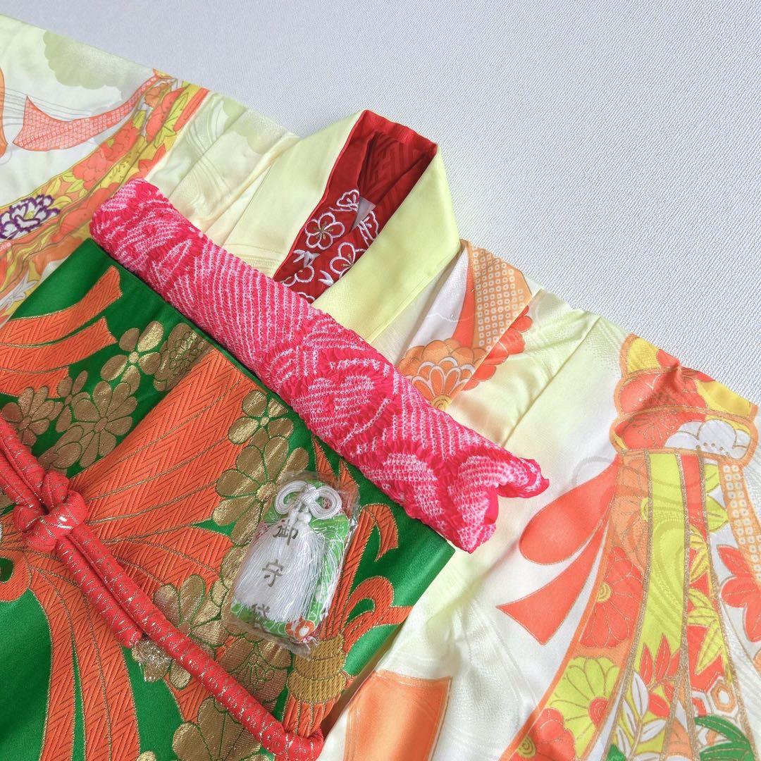 セット　七五三　7歳女の子　長着＆袋帯＆袖なし長襦袢＆小物　レモン色×黄緑　のし