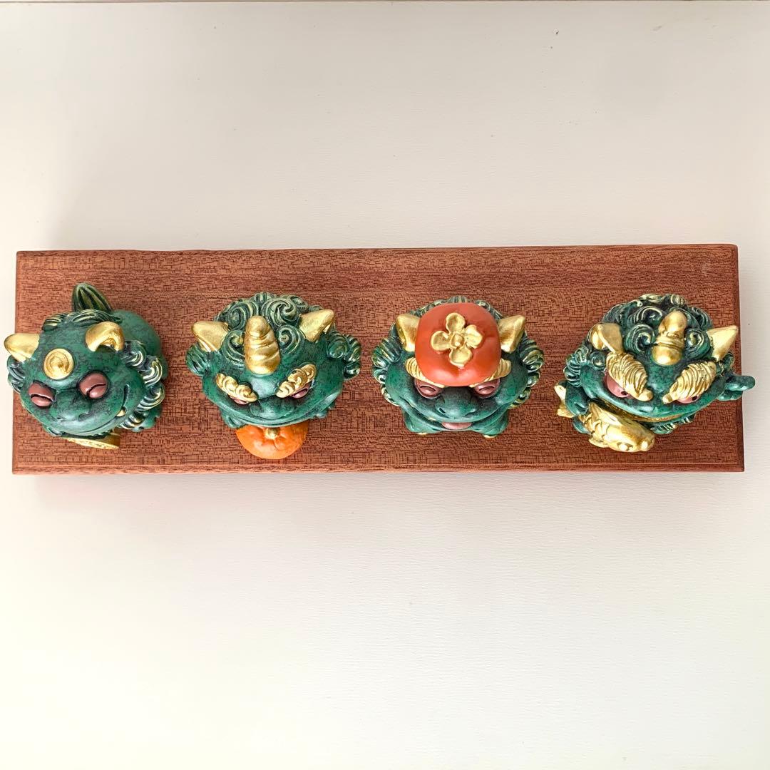 縁起物‪☆徳化白磁作家 監修/貔貅（ひきゅう）4体セット 木製台座‬