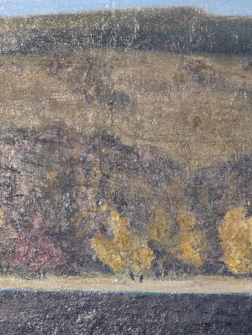 【真作】絵画　井田　油彩4号　晩秋の山湖　黄金の並木　秋の気配　Y135