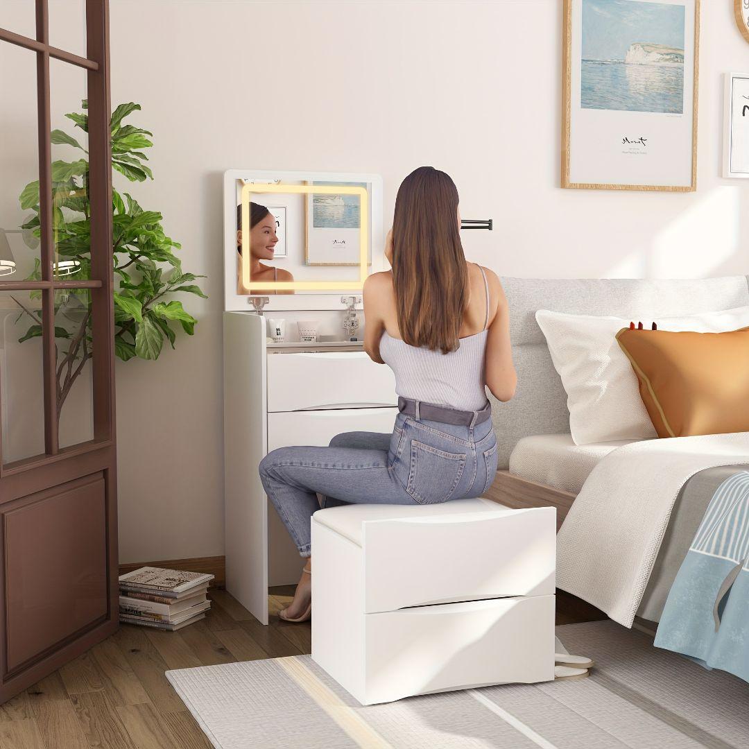 47.5cm 幅コンパクトドレッサー LED ライト付き 大容量収納 ホワイト