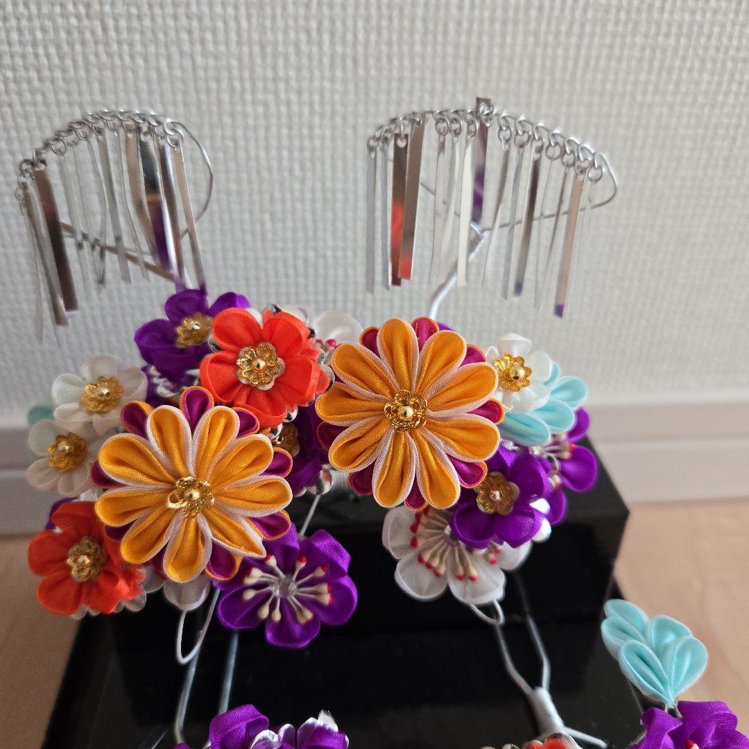 紫　オレンジ　勝山簪　七五三 髪飾りセット つまみ細工 かのこ　ちんころ　日本髪