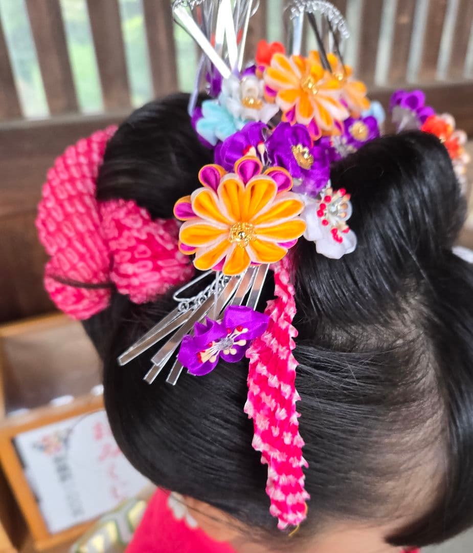 紫　オレンジ　勝山簪　七五三 髪飾りセット つまみ細工 かのこ　ちんころ　日本髪