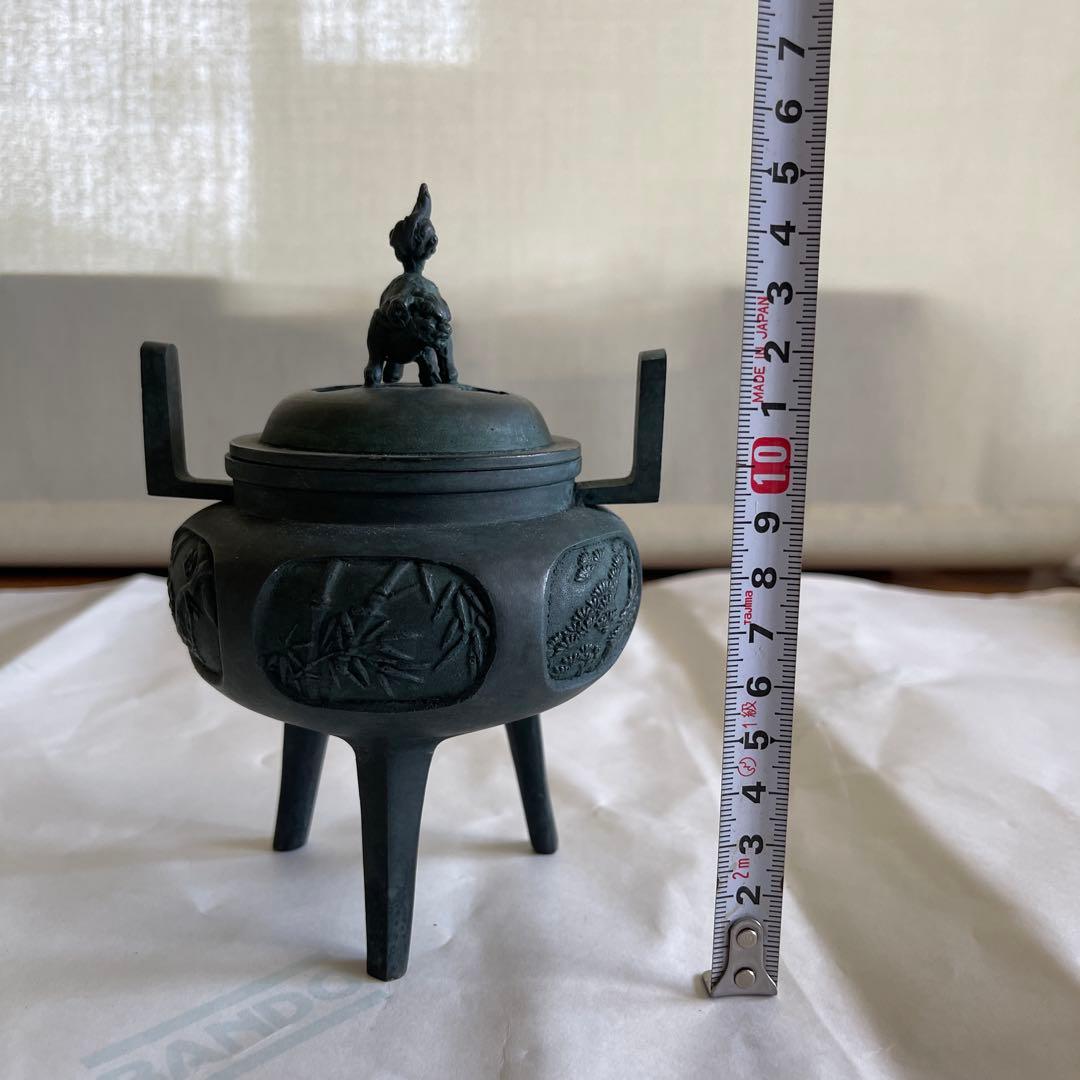 中古 銅製品　六面彫刻獅子の蓋の香炉