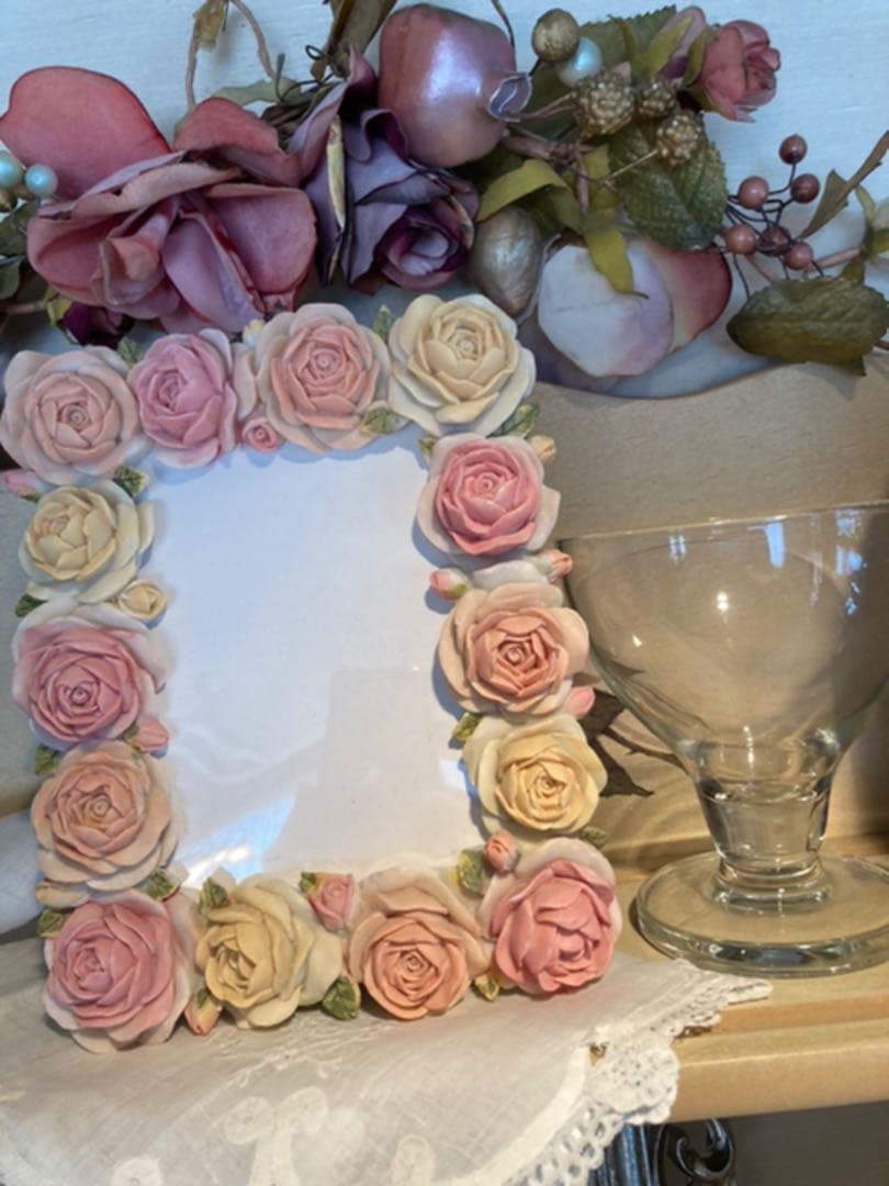 ご予約ヴィンテージピンク薔薇薫るフォトフレームハンドペイント飾りトレーエレガント