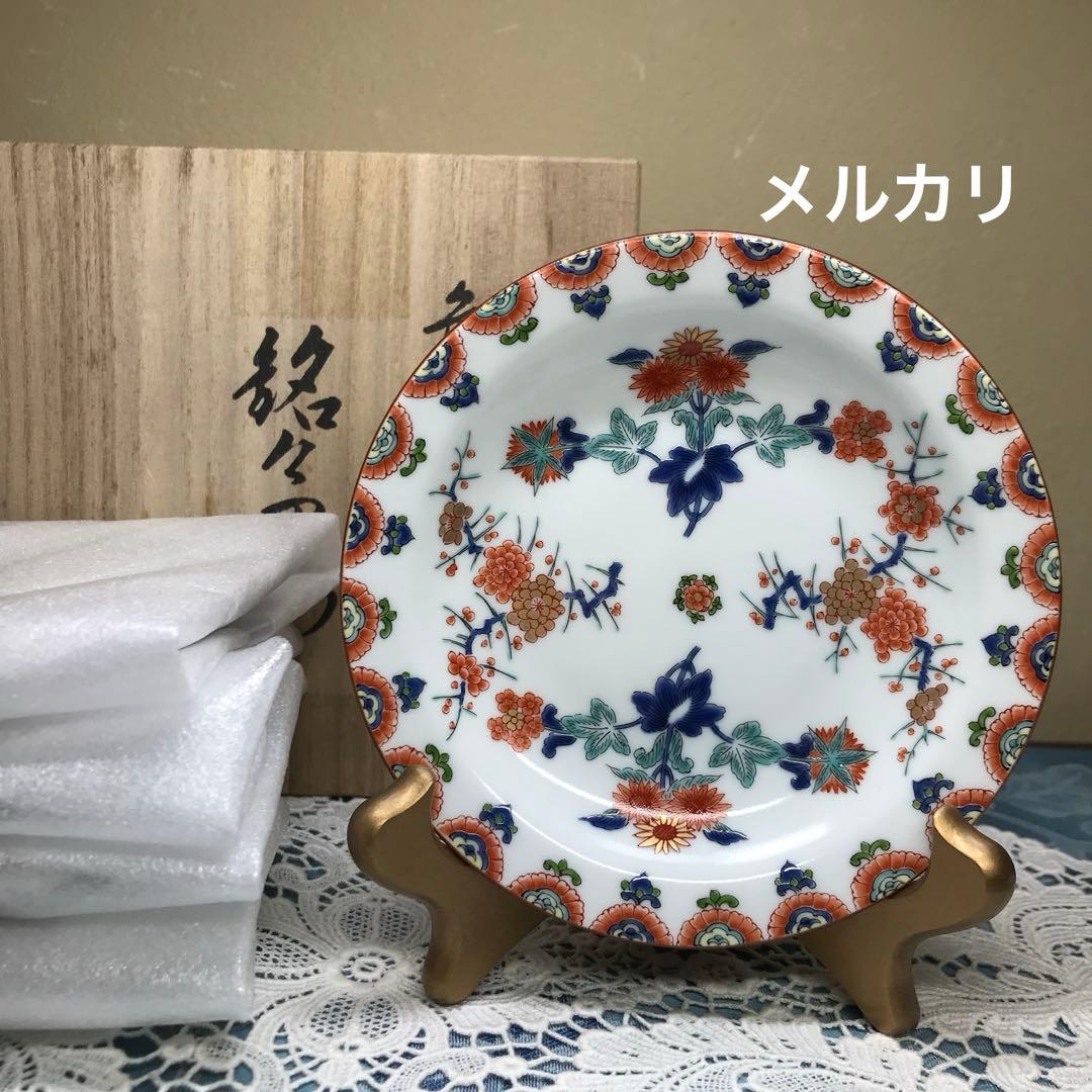 賞美堂本店　其泉窯　色絵梅菊文　銘々皿5枚1セット　木箱入り　ひなまつり