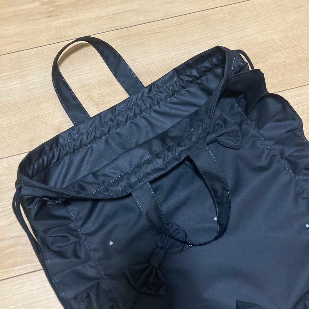 撥水ハンドメイドレッスンバッグ上履き袋体操服袋パールビーズリボンブラック女の子