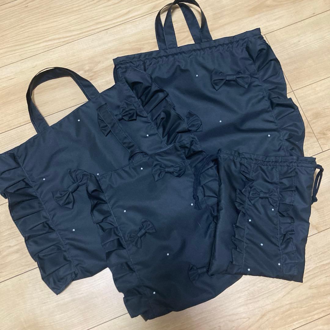 撥水ハンドメイドレッスンバッグ上履き袋体操服袋パールビーズリボンブラック女の子