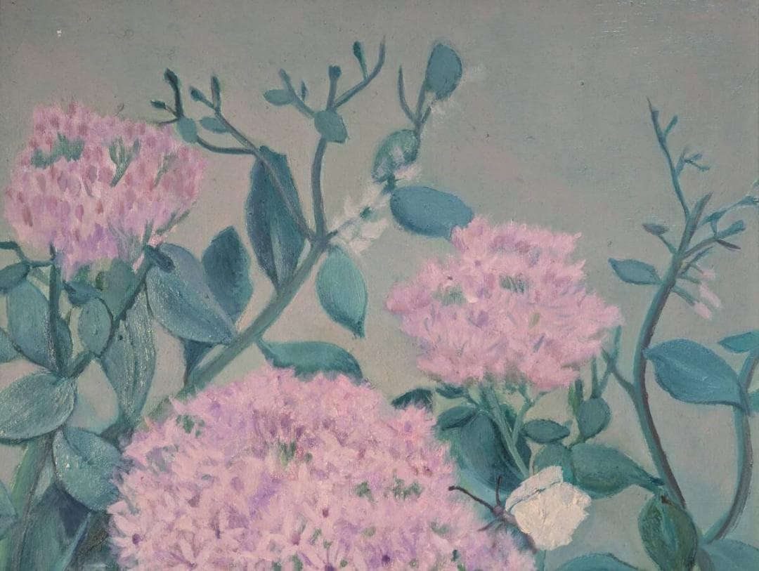 【真作】絵画　上野倭文子　油彩6号　ベンケイソウ　華やぐ花々の調べ　U133