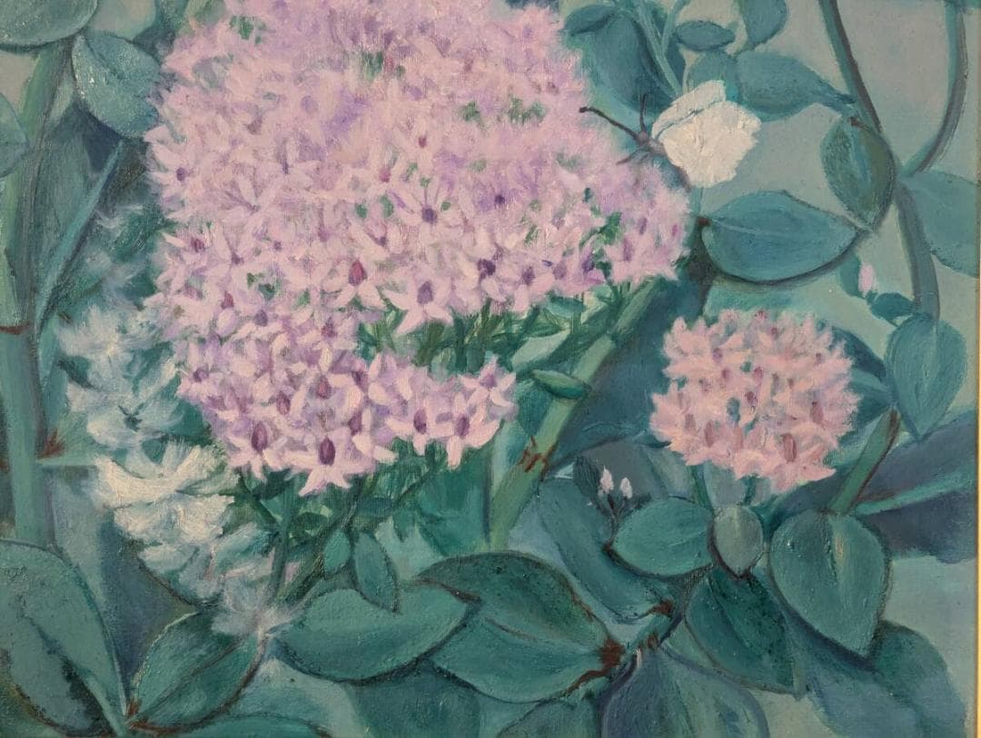 【真作】絵画　上野倭文子　油彩6号　ベンケイソウ　華やぐ花々の調べ　U133