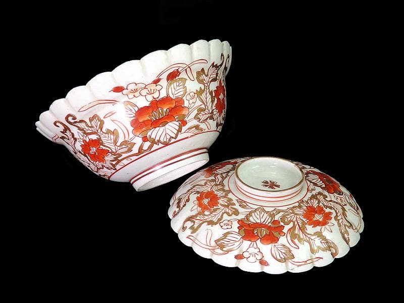 古伊万里　金襴手　輪花　花に柘榴の図　蓋付き深鉢　菓子鉢　E866AS-COk