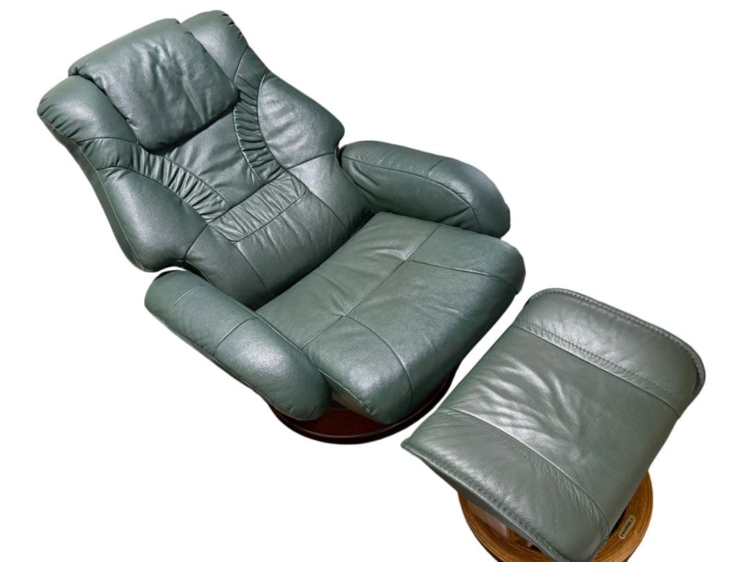 グリーンレザー 1人掛けソファ オットマン付き