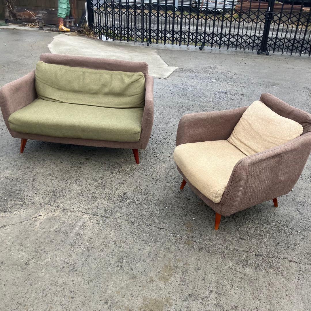 北欧レトロ 東谷 二人掛けソファー アームチェア モスグリーン ファブリック