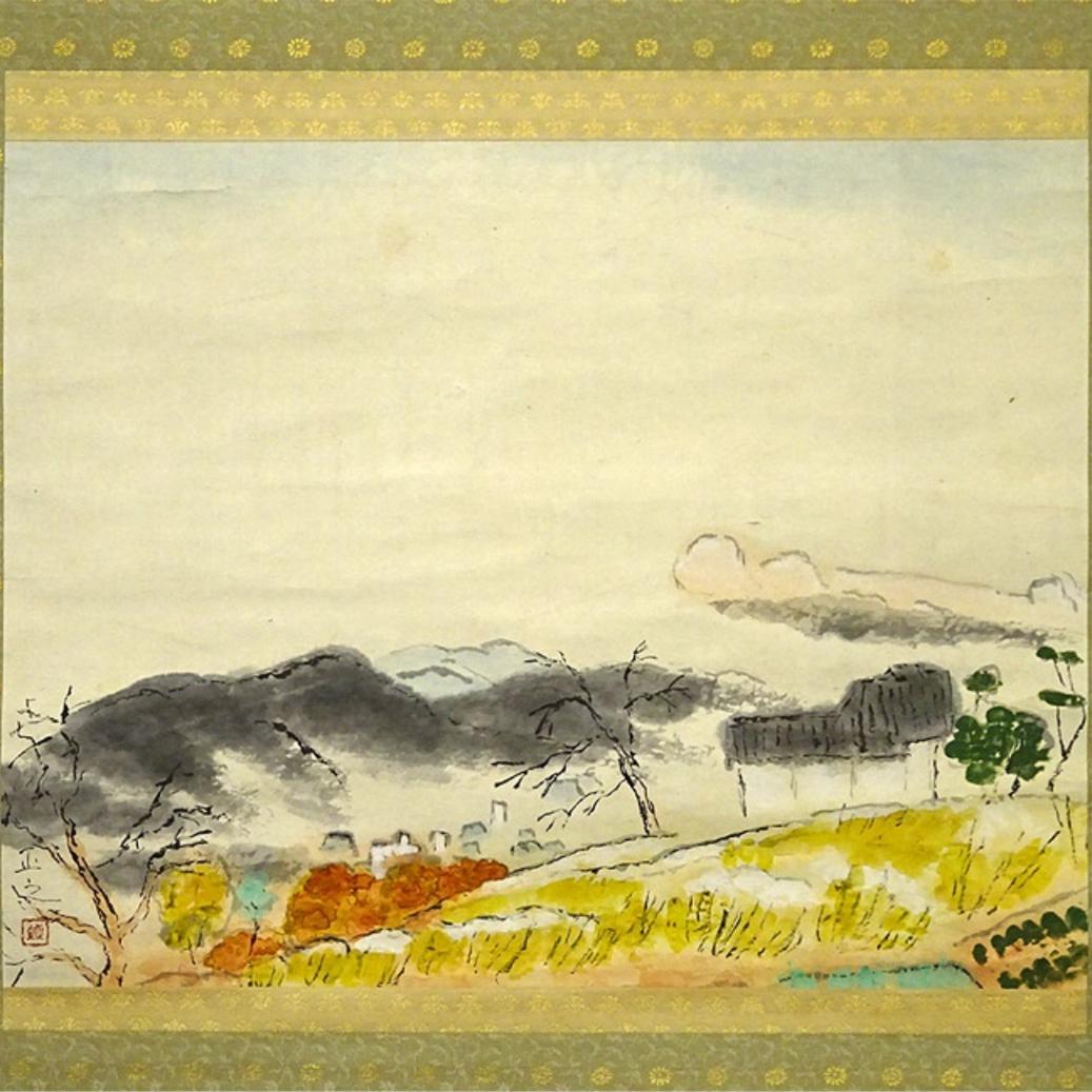 掛軸 嶋田正之『秋景山水図』日本画 紙本 肉筆 無地箱付 掛け軸 a07301