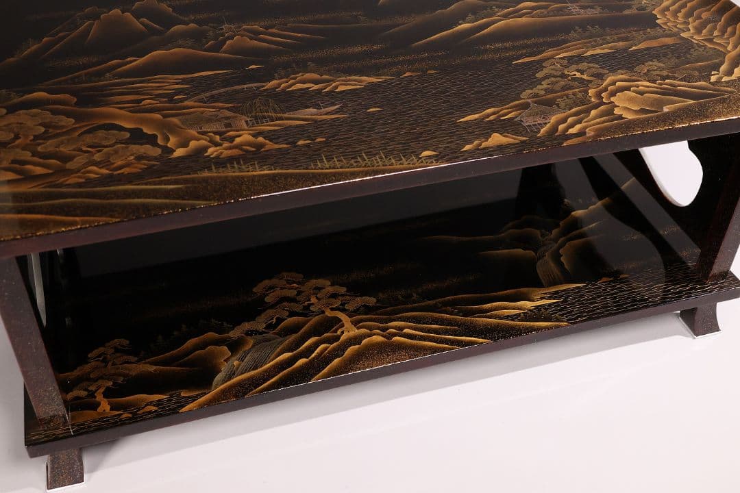 【MA771】蒔絵師 久世宗春 研出山水蒔絵 上手 冠卓 二段卓 共箱 木製