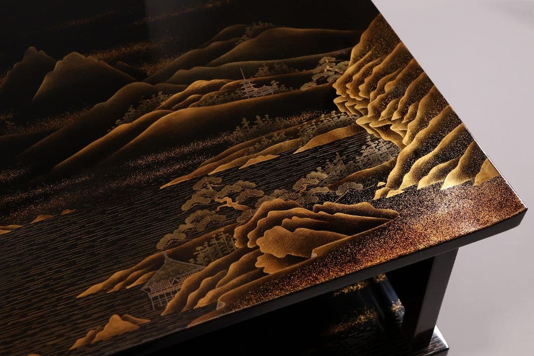 【MA771】蒔絵師 久世宗春 研出山水蒔絵 上手 冠卓 二段卓 共箱 木製