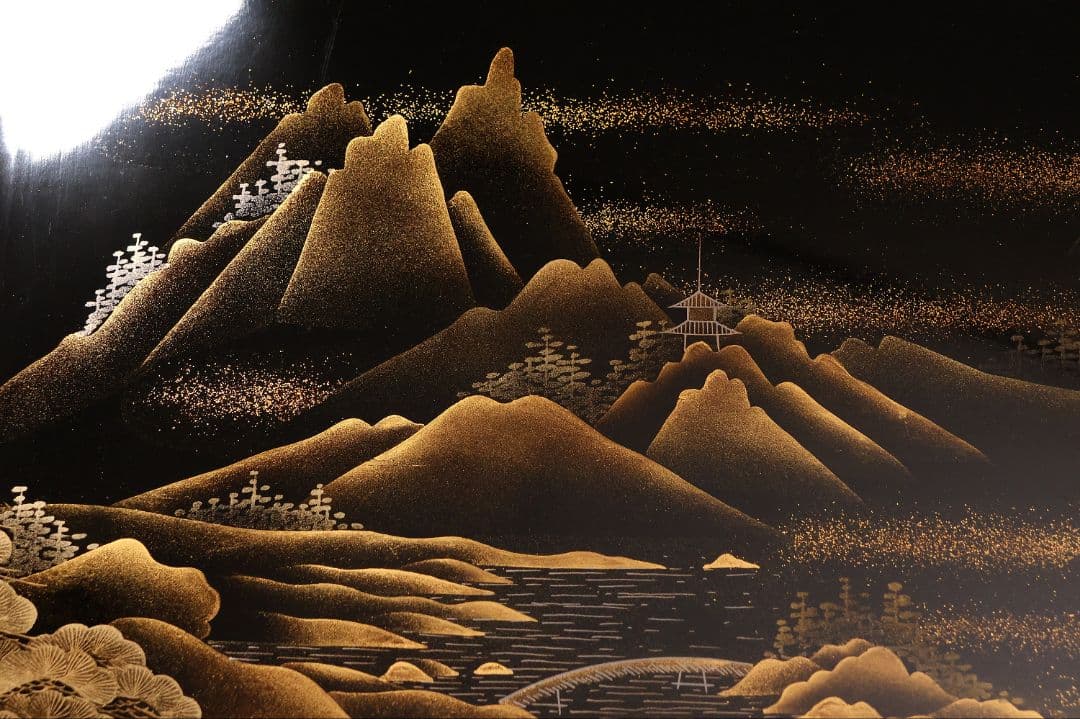 【MA771】蒔絵師 久世宗春 研出山水蒔絵 上手 冠卓 二段卓 共箱 木製