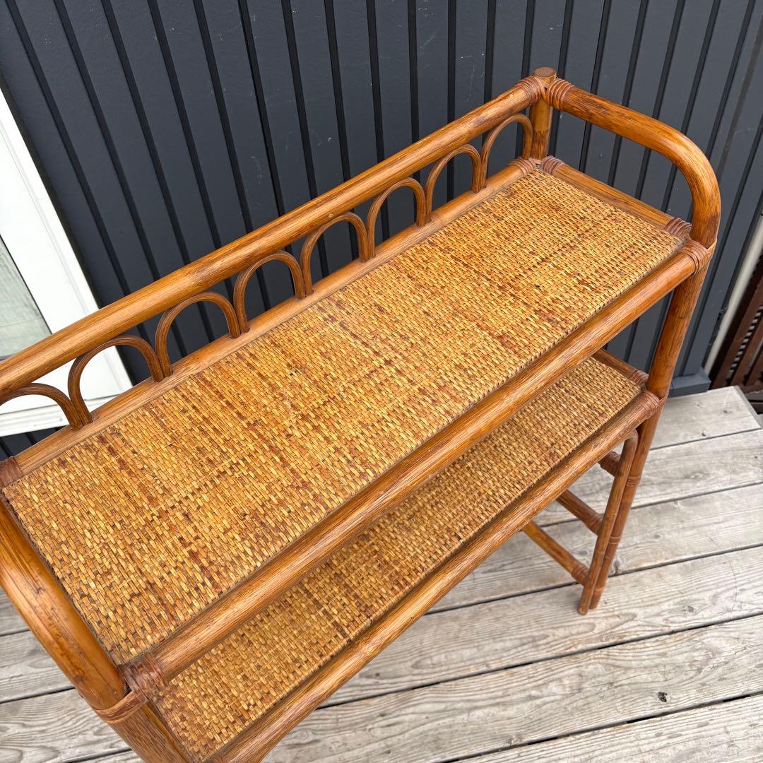 昭和レトロ 籐家具 ラタン 2段オープンシェルフ 飾り棚 フラワーラック 古家具