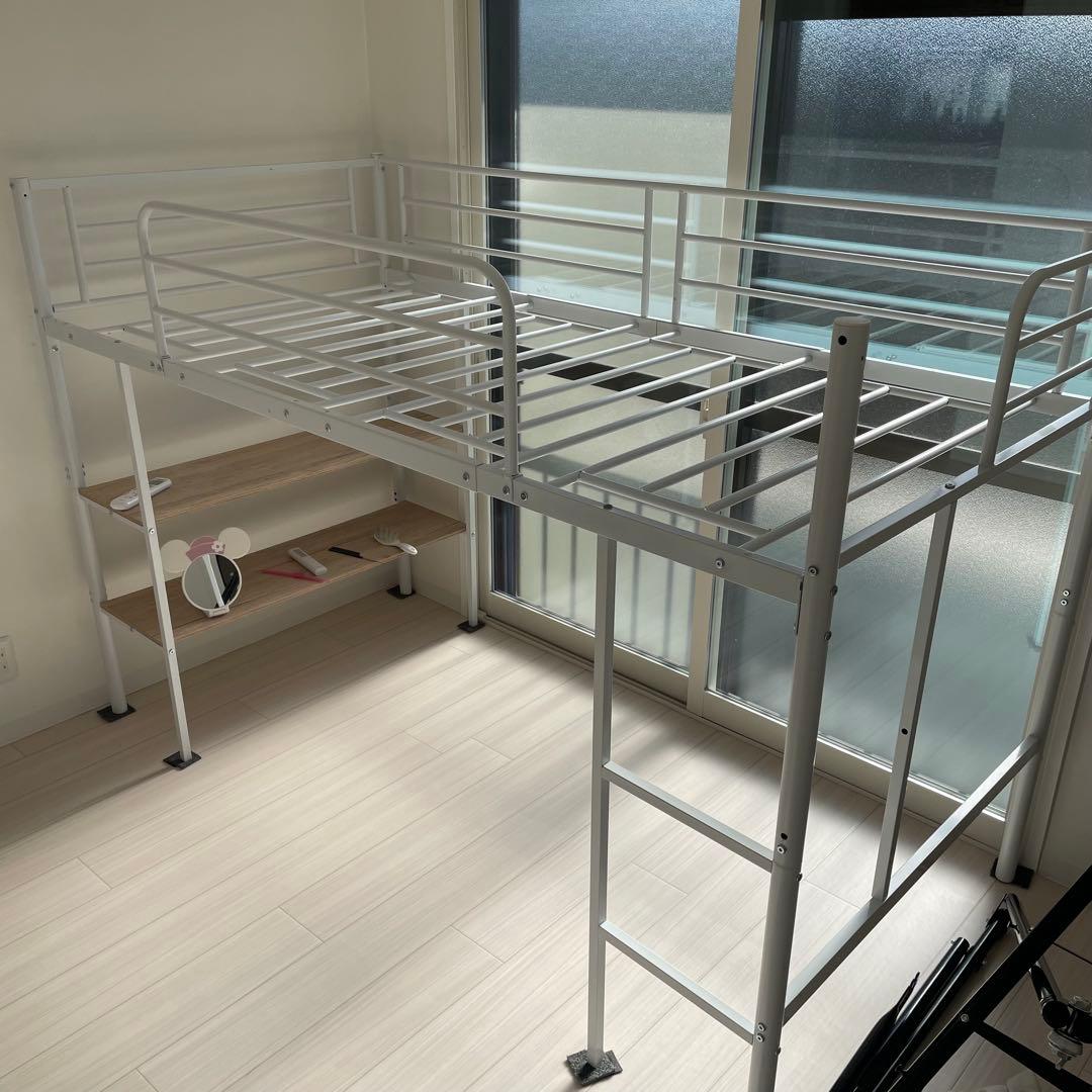 ホワイト ロフトベッド 棚付き シングルサイズ